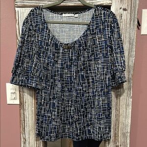 Notations Navy and White Geometric Blouse